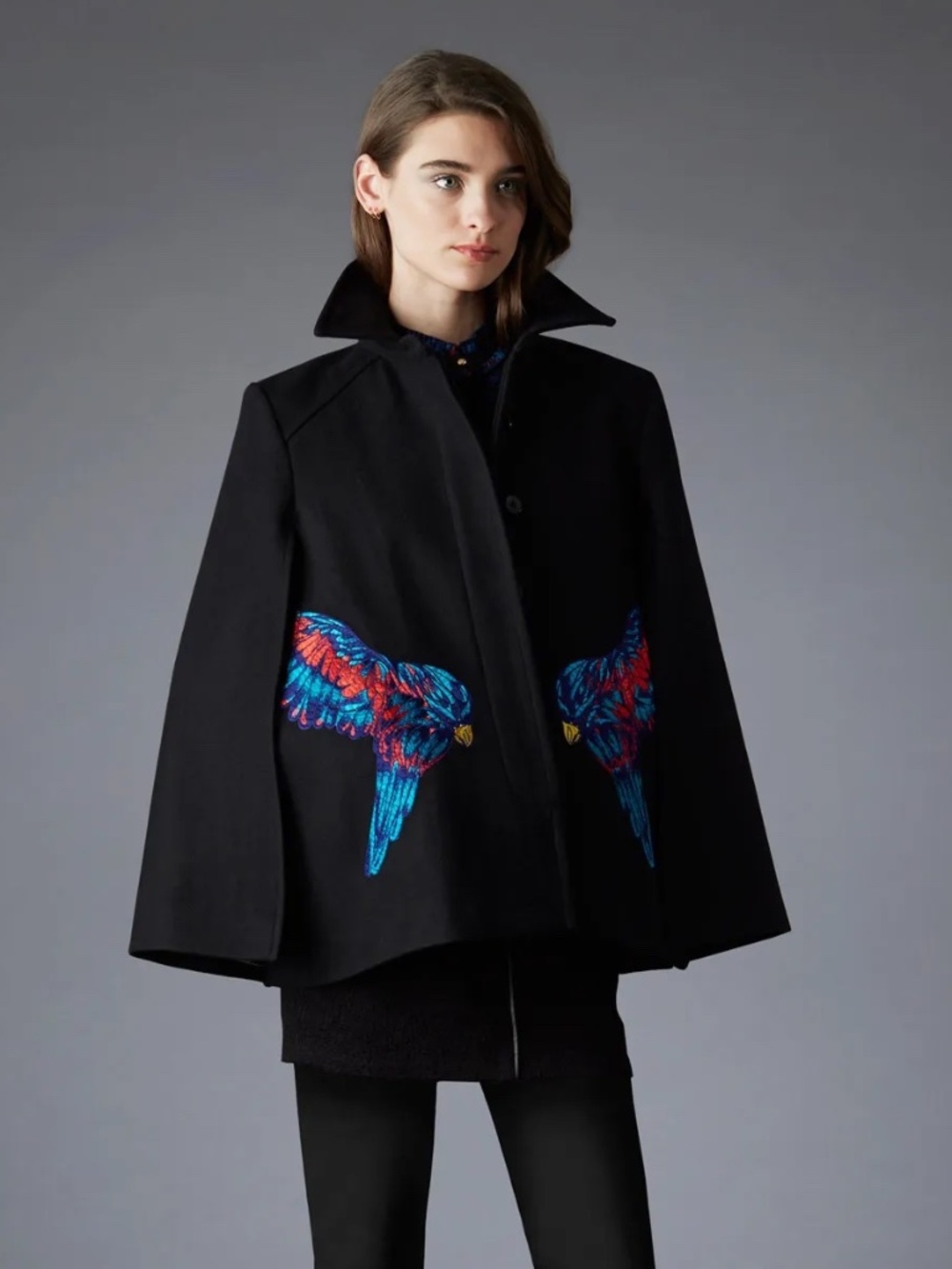Marchesa Voyage Embroidered Bird Black Wool Blend Cape